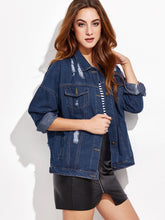 Load image into Gallery viewer, Blue Ripped Single Breasted Denim Jacket