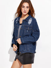 Load image into Gallery viewer, Blue Ripped Single Breasted Denim Jacket