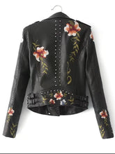 Load image into Gallery viewer, Flower Embroidery Studded Detail PU Biker Jacket