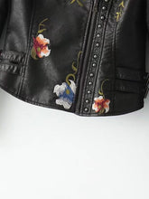 Load image into Gallery viewer, Flower Embroidery Studded Detail PU Biker Jacket