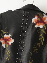 Load image into Gallery viewer, Flower Embroidery Studded Detail PU Biker Jacket