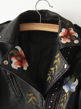 Load image into Gallery viewer, Flower Embroidery Studded Detail PU Biker Jacket