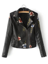 Load image into Gallery viewer, Flower Embroidery Studded Detail PU Biker Jacket