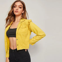 Load image into Gallery viewer, Frayed Hem Ruffle Crop Denim Jacket