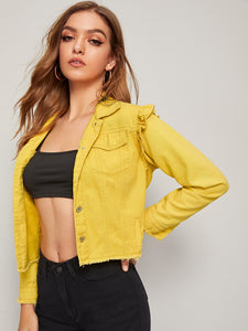 Frayed Hem Ruffle Crop Denim Jacket