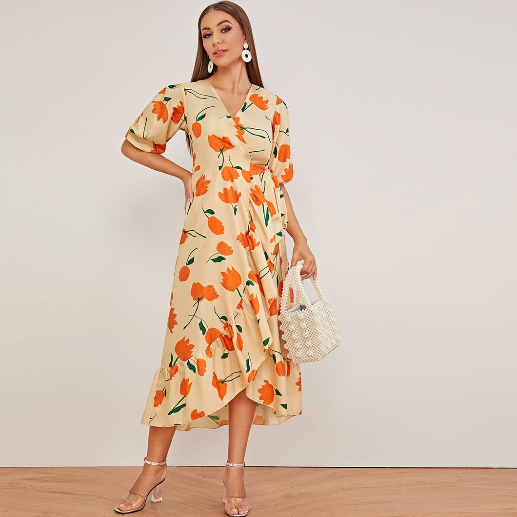 Floral Tie Side Ruffle Hem Wrap Dress