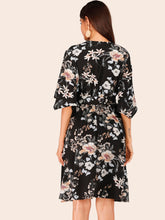 Load image into Gallery viewer, Surplice Dark Floral Arrangement Belted Dress