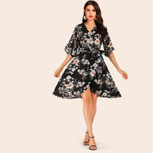 Load image into Gallery viewer, Surplice Dark Floral Arrangement Belted Dress