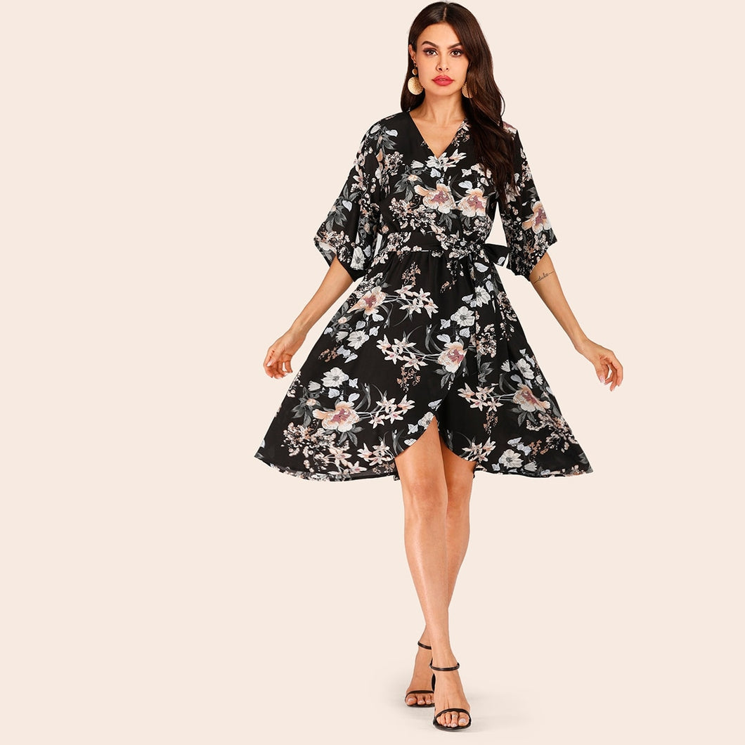 Surplice Dark Floral Arrangement Belted Dress