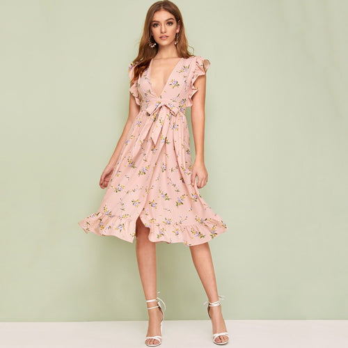 Ditsy Floral Plunging Neck Dress With Wrap Skirt